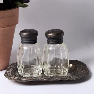 Vintage Glass Salt and Pepper Shakers Set with Ornate Silver Tone Metal Tray